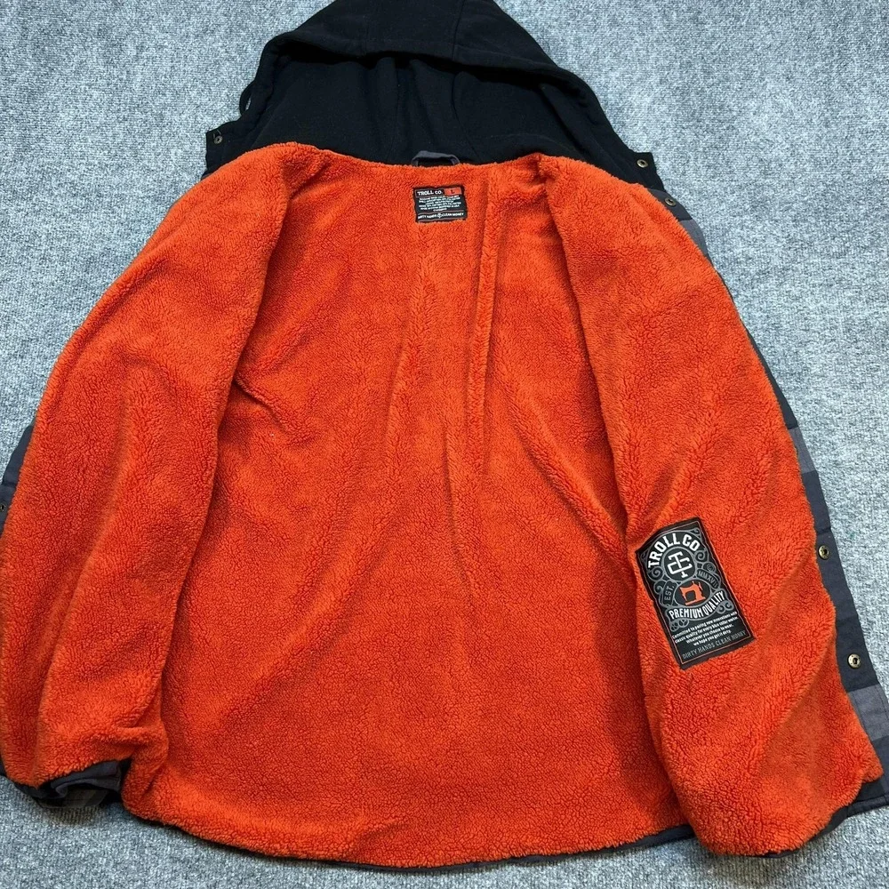Troll Co Jacket Mens Large Gray Plaid Flannel Hooded Sherpa Lined Parka Snap